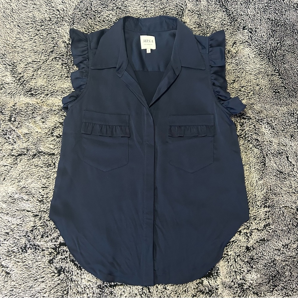 MISA Los Angeles Navy Ruffle Sleeve Blouse